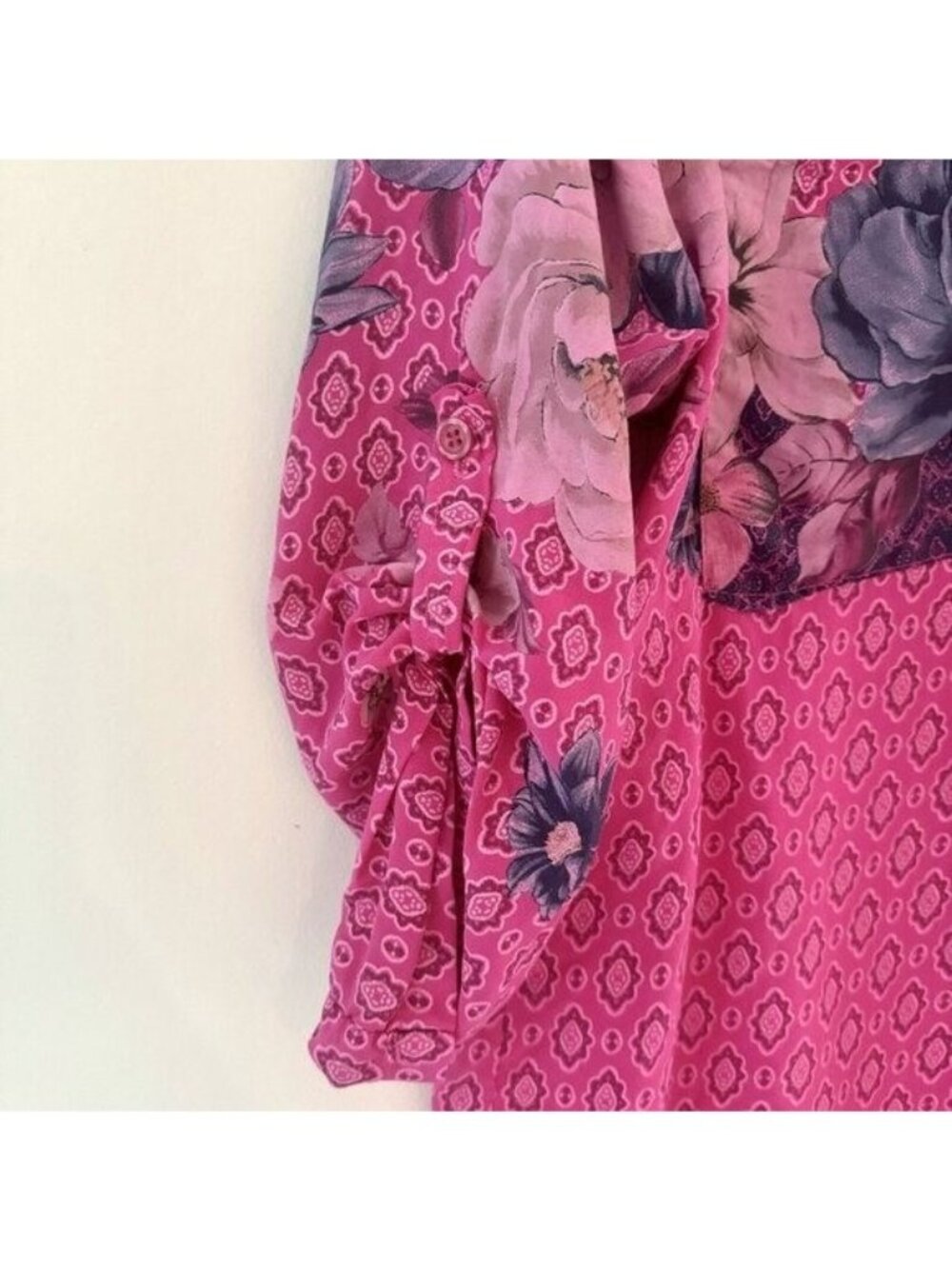 Free For Humanity Small Blouse Button Down Mixed Floral Twee Roll Tab Barbie Fun - Picture 8 of 16